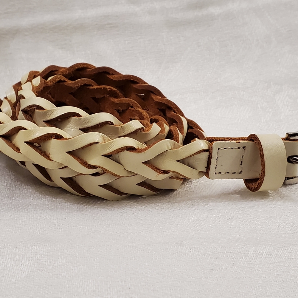 NEW Cream Leather Skinny Braid Belt - S #1571
